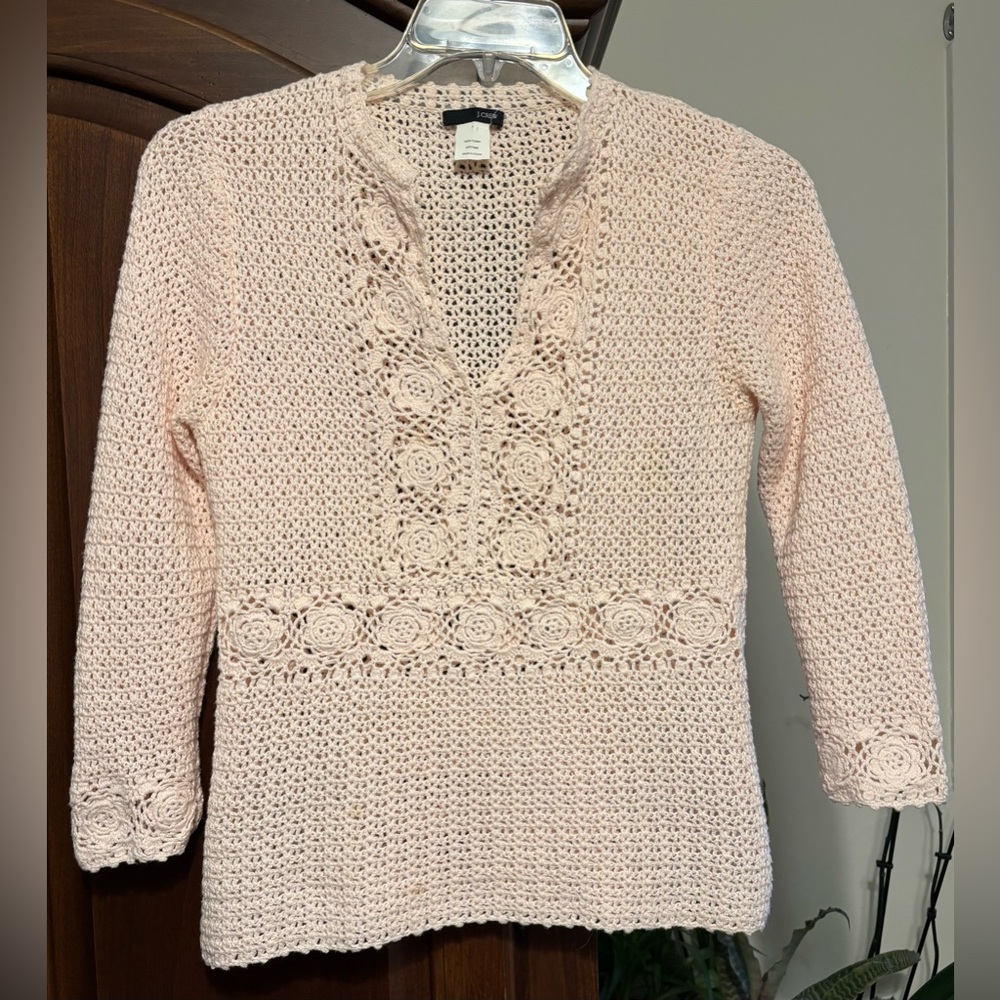JCREW vintage cotton CROCHET sweater size LARGE open knit PALE PINK delicate